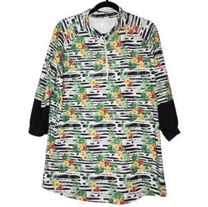 Bette & Court 1/4 Zip Active Golf Shirt Tropical Green Red Yellow Floral XXL